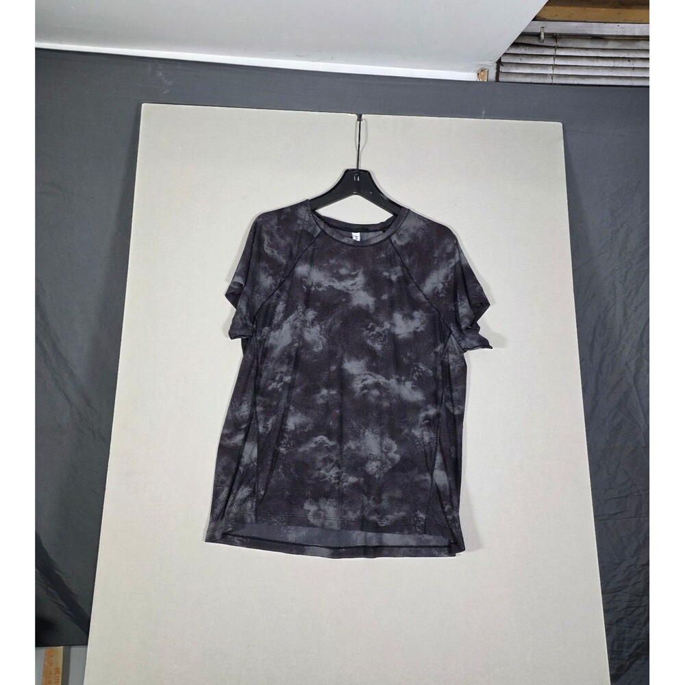 Athleta Womens Large Black Gray Tie Dye Mesh Short Sleeve Workout Shirt